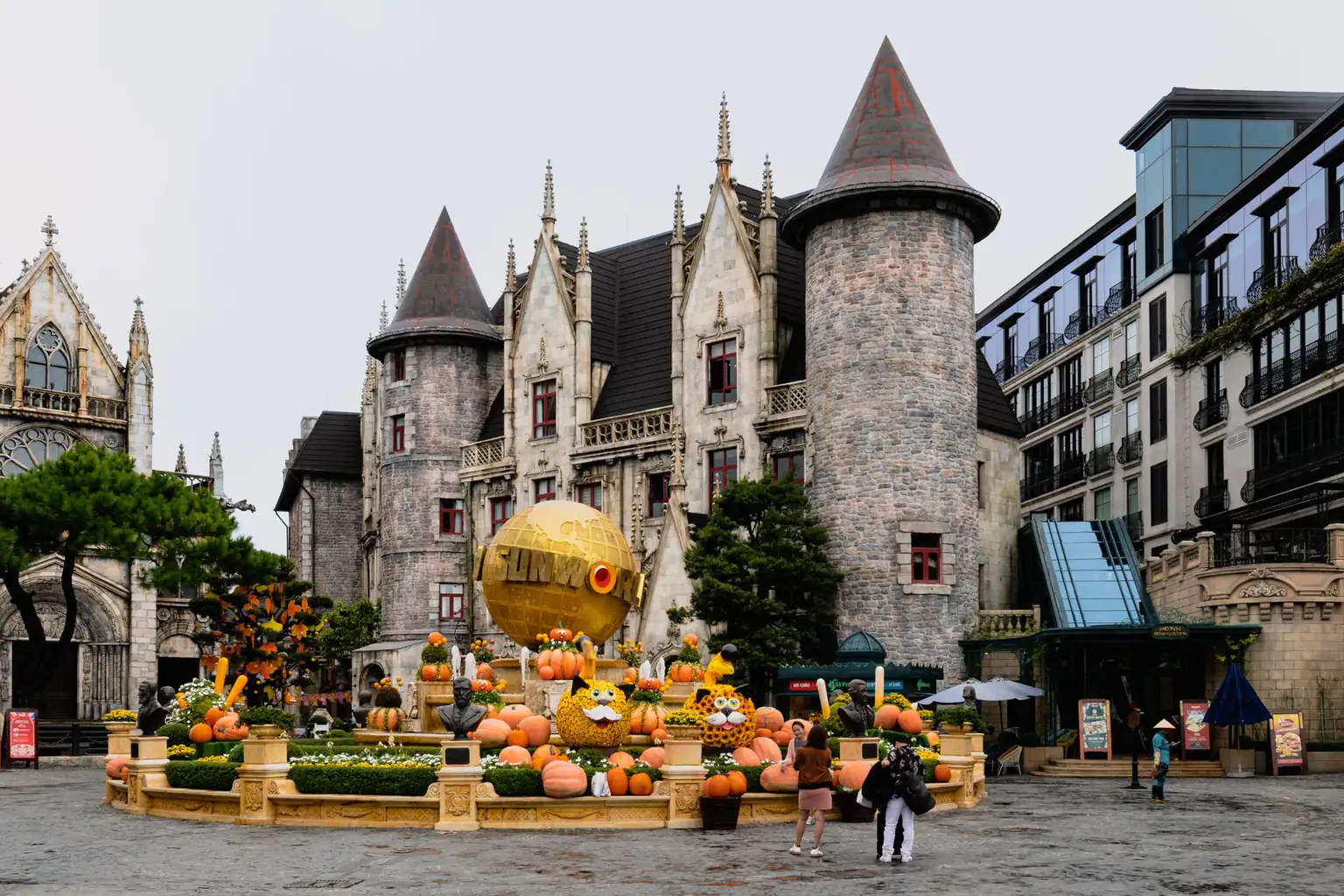 Architecture at Ba Na Hills among green mountains