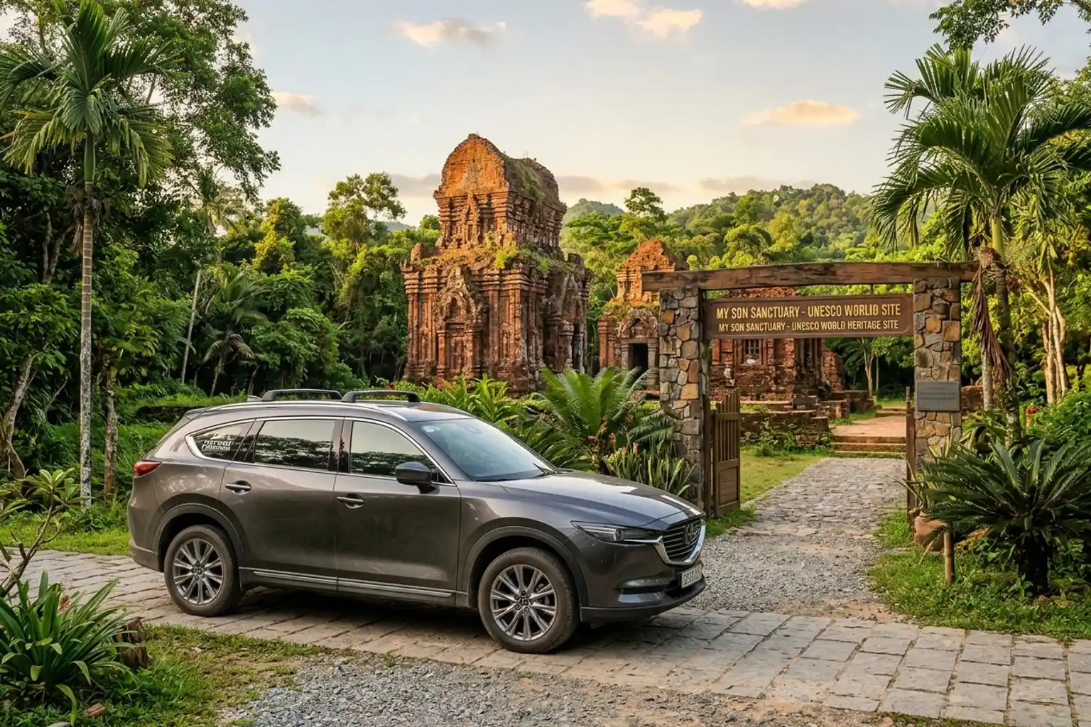 Tour vehicle carrying passengers to heritage sites and scenic stops in Central Vietnam