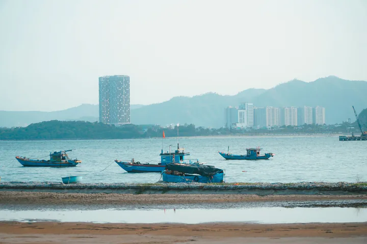 Thuyền cá trên mặt vịnh Đà Nẵng với núi và đô thị phía xa